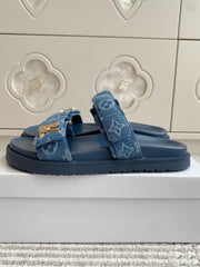 LV TWO-STRAP SANDALS 25S IN BLUE DENIM AND CALFSKIN WITH GOLD HARDWARE