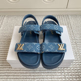 LV SANDALS 25S IN BLUE DENIM AND CALFSKIN WITH GOLD HARDWARE