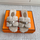 HM 25S ECLAIR SANDAL IN PALE BEIGE GRAY SHEARLING WITH SILVER HARDWARE