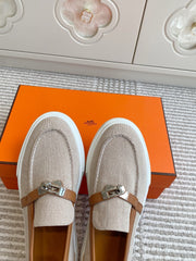 HM 25S SLIP-ON IN LIGHT BEIGE CANVAS AND BROWN LAMBSKIN WITH SILVER HARDWARE