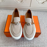 HM 25S SLIP-ON IN LIGHT BEIGE CANVAS AND BROWN LAMBSKIN WITH SILVER HARDWARE