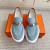 HM 25S SLIP-ON IN SKY BLUE CANVAS AND BROWN LAMBSKIN WITH SILVER HARDWARE