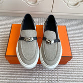 HM 25S SLIP-ON IN GREY CANVAS AND BLACK LAMBSKIN WITH SILVER HARDWARE