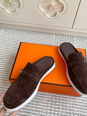 HM 25S MULES IN DARK BROWN SUEDE WITH SILVER HARDWARE