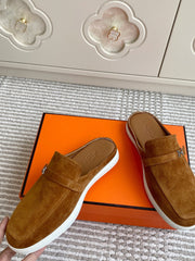 HM 25S MULES IN BROWN SUEDE WITH SILVER HARDWARE