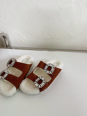 SLIDY VIV’ FUR STRASS BUCKLE MULES IN BROWN SUEDE AND CREAM SHEARLING INSOLE