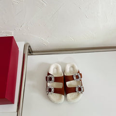 SLIDY VIV’ FUR STRASS BUCKLE MULES IN BROWN SUEDE AND CREAM SHEARLING INSOLE