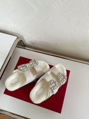 SLIDY VIV’ FUR STRASS BUCKLE MULES IN LIGHT GREY SUEDE AND CREAM SHEARLING INSOLE