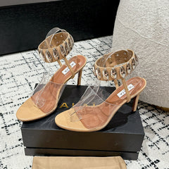 ALAIA HIGH SANDAL IN BEIGE CALFSKN AND FILM WITH CRYSTAL