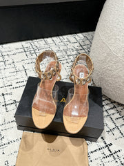 ALAIA HIGH SANDAL IN BEIGE CALFSKN AND FILM WITH CRYSTAL