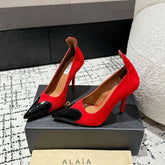 ALAIA HIGH PUMPS 10CM IN CHERRY RED SUEDE MIX BLACK CALFSKIN