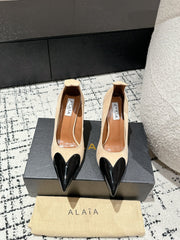 ALAIA HIGH PUMPS 10CM IN BEIGE SUEDE MIX BLACK CALFSKIN