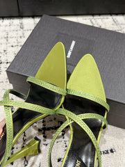 HIGH CRYSTAL STRAP SANDALS IN PEAR GREEN SILK
