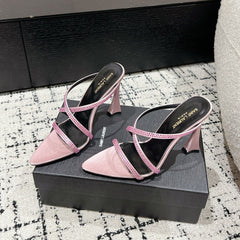 HIGH CRYSTAL STRAP SANDALS IN LIGHT PINK SILK