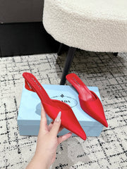 PRADA 25S POINTED-TOE MULES IN CRIMSON RED SATIN
