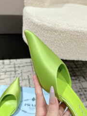 PRADA 25S POINTED-TOE MULES IN LIME GREEN SATIN