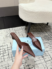 PRADA 25S POINTED-TOE MULES IN DARK BROWN SATIN