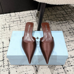 PRADA 25S POINTED-TOE MULES IN DARK BROWN SATIN