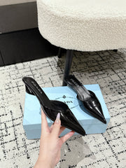 PRADA 25S POINTED-TOE MULES IN BLACK CALFSKIN