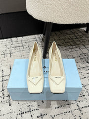PRADA 25S SQUARE TOE HIGH HEELS IN IVORY GLOSSY CALFSKIN