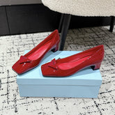 PRADA 25S SQUARE TOE HIGH HEELS IN DARK RED GLOSSY CALFSKIN