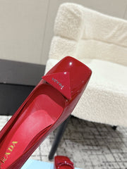 PRADA 25S SQUARE TOE HIGH HEELS IN DARK RED GLOSSY CALFSKIN