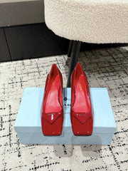 PRADA 25S SQUARE TOE HIGH HEELS IN DARK RED GLOSSY CALFSKIN