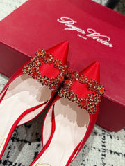 ROGER VIVIER 25S EFFLORESCENCE MULES 65MM IN BRIGHT RED SATIN EMBELLISHED CRYSTALS