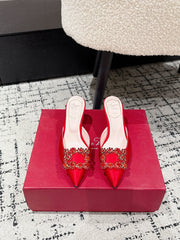 ROGER VIVIER 25S EFFLORESCENCE MULES 65MM IN BRIGHT RED SATIN EMBELLISHED CRYSTALS