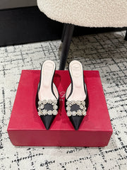 ROGER VIVIER 25S EFFLORESCENCE MULES 65MM IN BLACK SATIN EMBELLISHED CRYSTALS