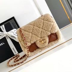 MINI FLAP BAG 18 IN BEIGE WOOL AND GINGER ORANGE CALFSKIN GOLD HARDWARE