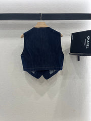 MIUMIU V-NECK BLAZER AND WIDE-LEG PANTS IN BLUE DENIM