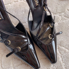 Slingback Black Leather With Stylized Cross Straps - High heels