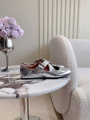 ALAIA CRISS CROSS BALLET FLAT IN SILVER LAMBSKIN