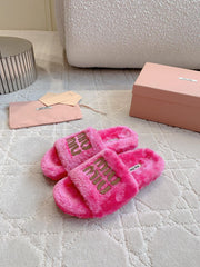 RABBIT FUR SLIPPERS MAGENTA PINK WITH EMBROIDED LOGO