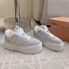THICK SOLE SNEAKERS IN CHROME GRAY LAMBSKIN WITH RABBIT FUR LINING