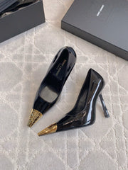 HIGH HEEL 10 CM PUMP IN BLACK PATENT CALFSKIN WITH GOLD HARDWARE