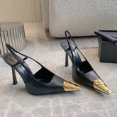 HIGH HEEL 10 CM SLINGBACK IN BLACK CALFSKIN WITH GOLD HARDWARE