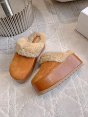 CELINE 25S DANA WEDGE MULE 70MM IN BURNT ORANGE SUEDE CALFSKIN AND SHEARLING