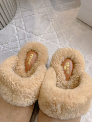 CELINE 25S DANA WEDGE MULE 70MM IN LIGHT BROWN SUEDE CALFSKIN AND SHEARLING