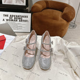 TRÈS VIVIER MARY JANE DOUBLE-STRAP PUMPS IN SILVER CALFSKIN FULLY EMBELLISHED CRYSTALS