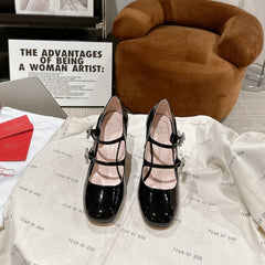 TRÈS VIVIER MARY JANE DOUBLE-STRAP PUMPS IN BLACK PATENT CALFSKIN