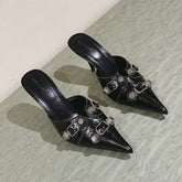 CAGOLE POINTED HIGH MULES IN BLACK SHINY CALFSKIN