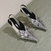 CAGOLE HIGH SLINGBACK IN SILVER GLOSSY CALFSKIN