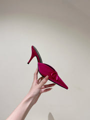 POINTED HIGH MULES WITH BOW IN HOT PINK SILK