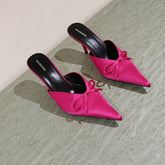 POINTED HIGH MULES WITH BOW IN HOT PINK SILK