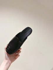 BLACK SHINY LAMBSKIN SQUARE TOE FLAT MULES BLACK BUCKLE