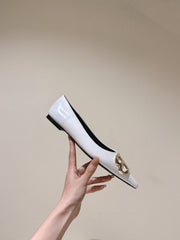 POINTED BB GOLD BUCKLE BALLET FLAT IN WHITE SHINY LAMBSKIN