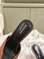 POINTED BB GOLD BUCKLE HIGH MULES IN BROWN RUST SILK