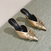 POINTED BB GOLD BUCKLE HIGH MULES IN GOLD METALLIC CALFSKIN